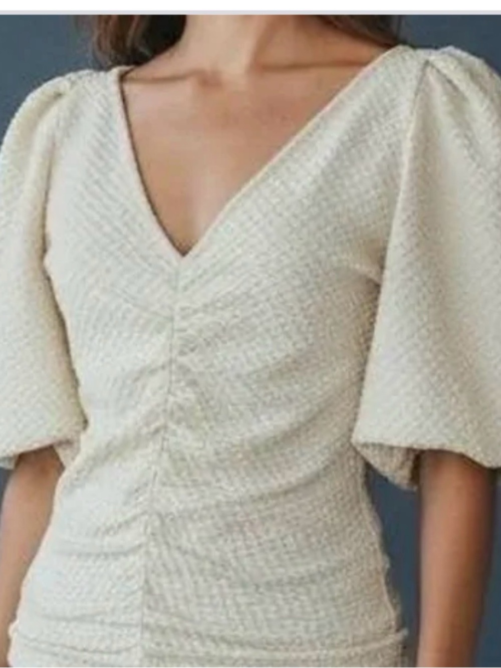 Free People Cream V-Neck Ruched Puff Sleeve Blouse
